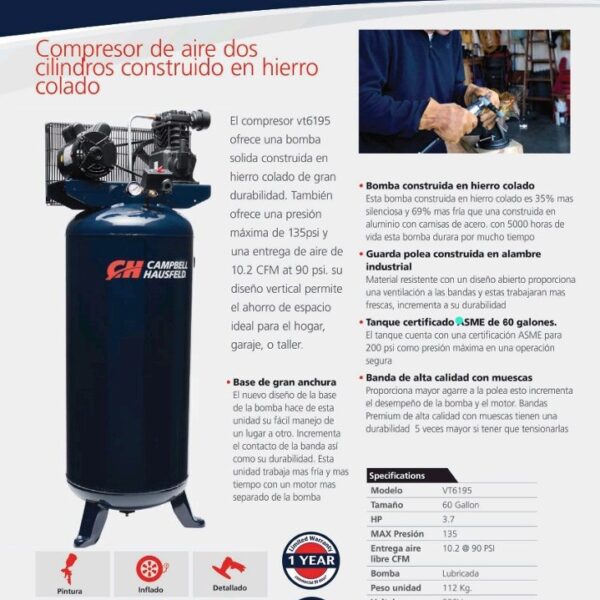 Compresor De Aire Vertical 3.7 Hp 10.2 Cfm 60 Galones Campbell Hausfeld