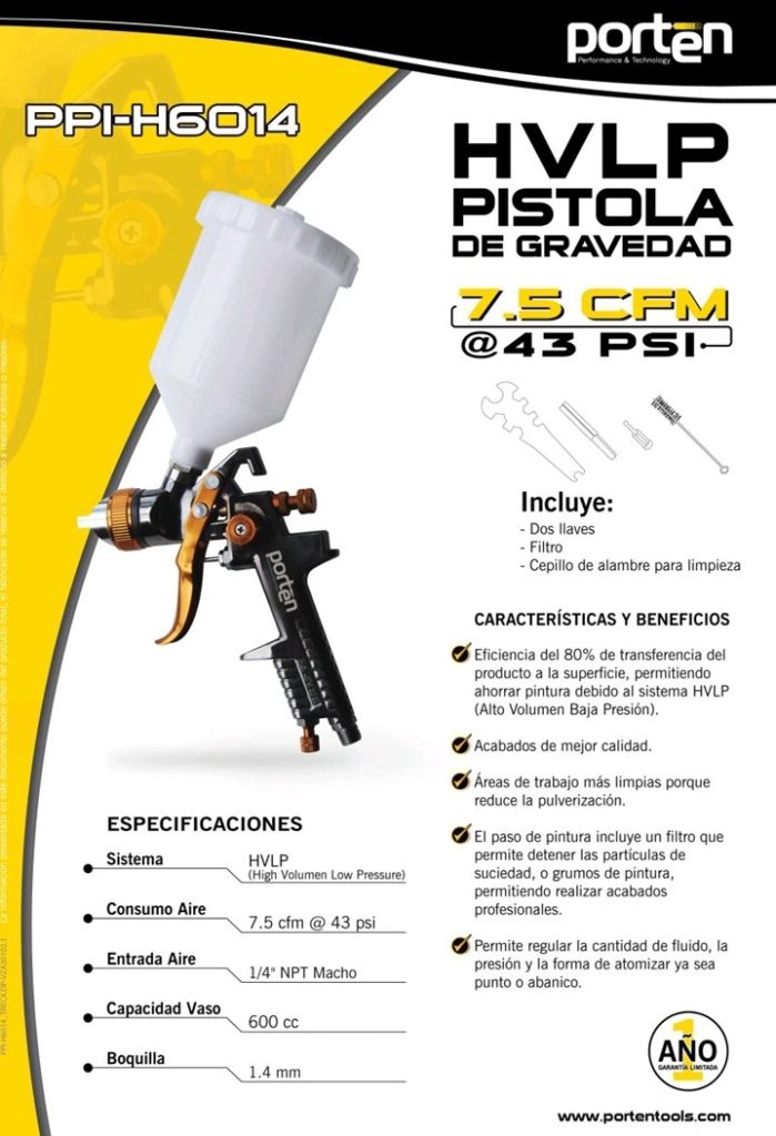 Pistola De Gravedad Hvlp 1.4mm 600cc Porten