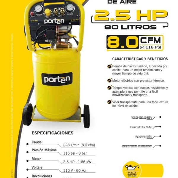 Compresor De Aire Motor 2.5hp - 15 Voltios Con Tanque Vertical De 80 Litros Porten AD