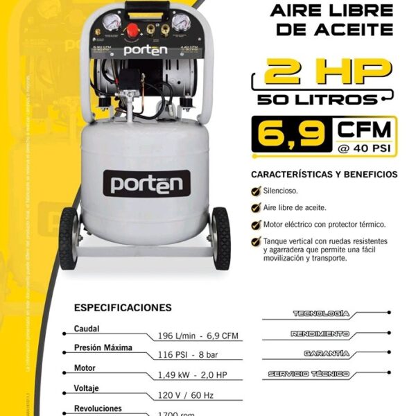 Compresor Dental Silencioso Sin Aceite Porten De 2hp Y 50 Litros