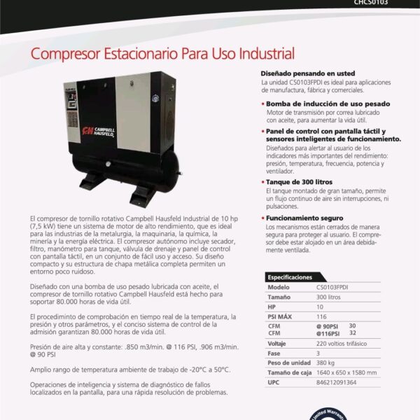 Compresor De Tornillo 3 .  Motor De 10 Hp 220v Trifasico Tanque De 300 Litros Y Secador Campbell Hausfeld