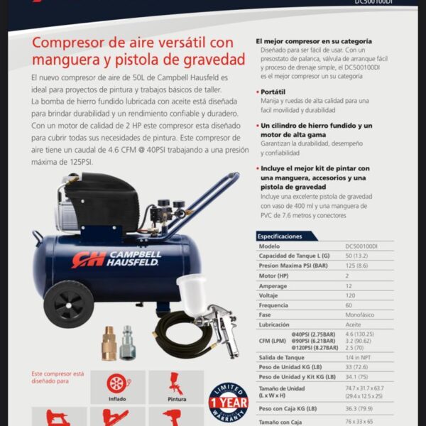 Compresor de aire de 2hp Tanque de 50 Litros 3.2cfm Incluye Pistola y Manguera Campbel Hausfeld