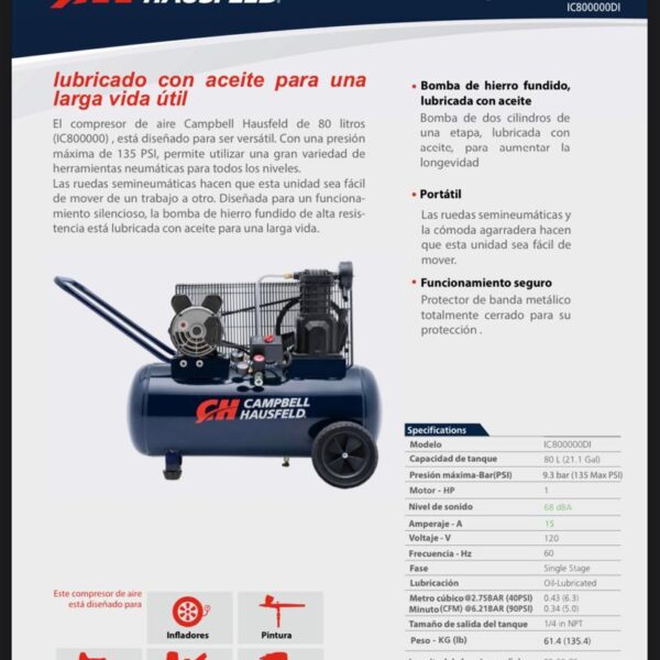 Compresor de 2hp Tanque de 80 Litros 120 Voltios 5 Cfm Campbell Hausfeld