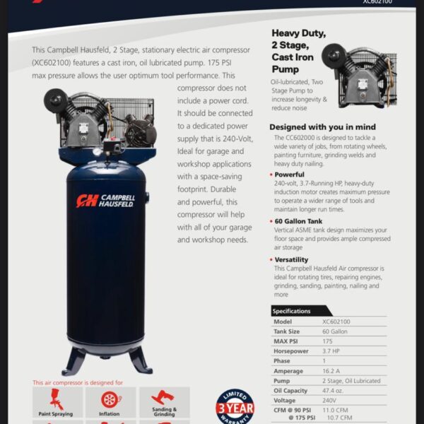 Compresor de 3.7hp 60g/V (220/1) 11cfm Campbell