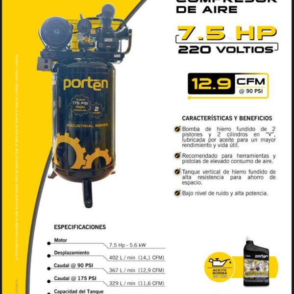Compresor de Aire Industrial de 7.5hp Tanque de 300 Litros 175PSI 220v Monofásico Prtn