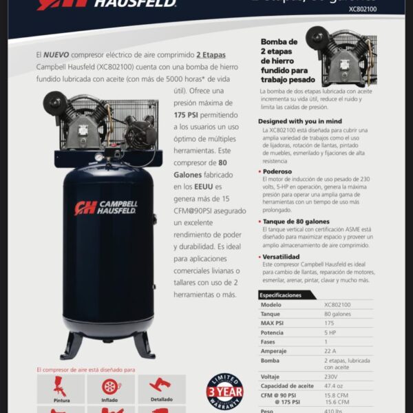 Compresor de Aire Vertical de 5hp 80 Galones 15.8cfm 220 Voltios Campbell Hausfeld