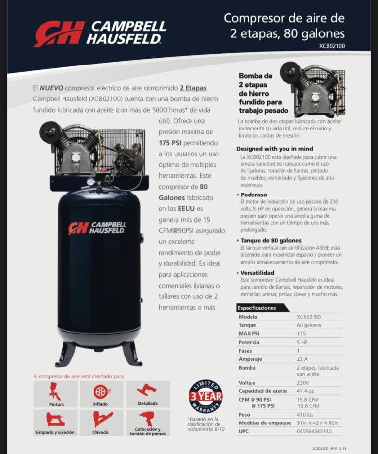 Compresor de Aire Vertical de 5hp 80 Galones 15.8cfm 220 Voltios Campbell Hausfeld