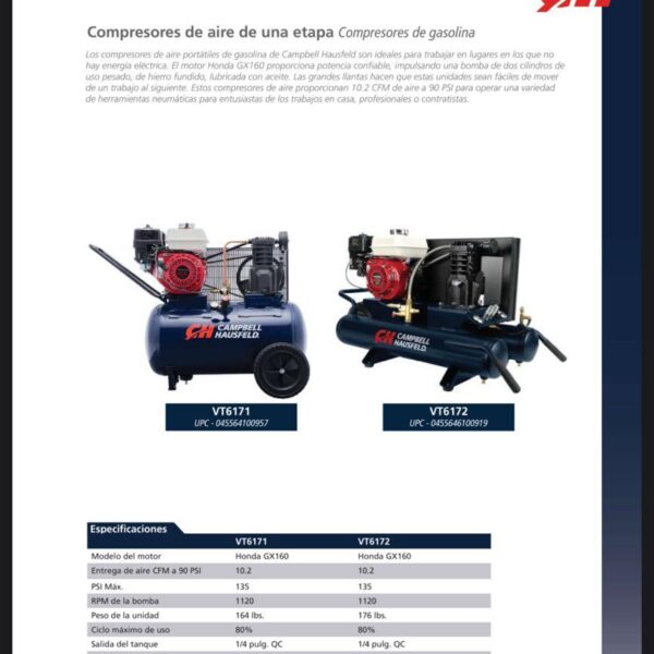 Compresor de Aire Campbell Hausfeld de 5.5hp 20 Galones Motor Honda 10.2cfm a Gasolina