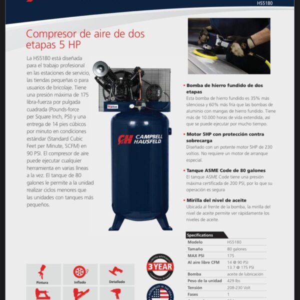 Compresor de Aire Campbell Hausfeld de 80 Galones Vertical 5hp