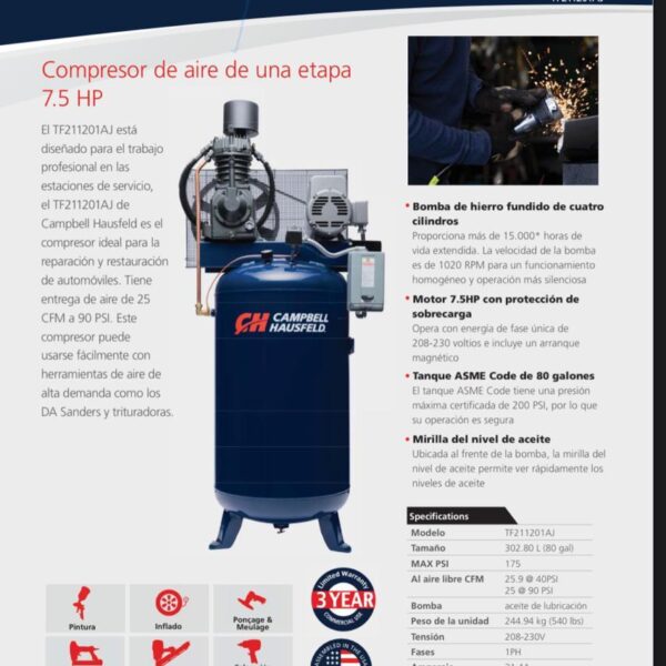 Compresor de Aire Vertical de 7.5hp 80 Galones 25cfm 220 Voltios Campbell Hausfeld