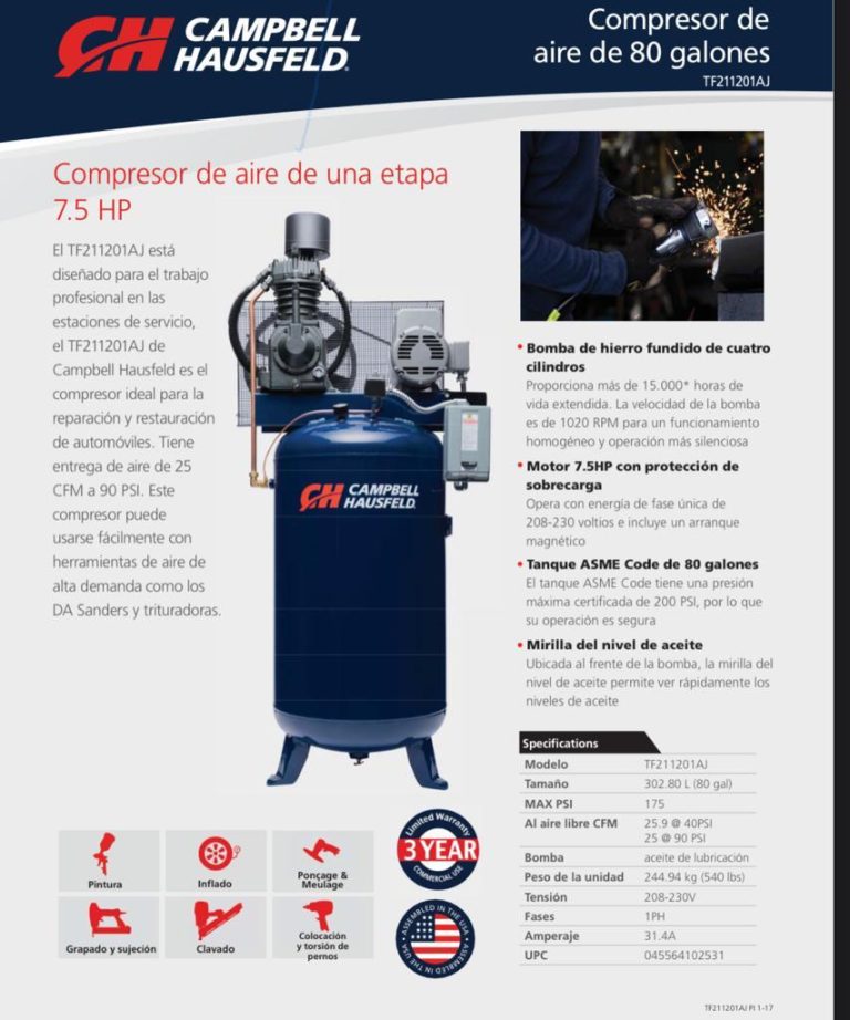 Compresor de Aire Vertical de 7.5hp 80 Galones 25cfm 220 Voltios Campbell Hausfeld
