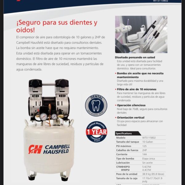 Compresor Dental de 2hp 10 Galones (120/ 60hz) 4.5cfm Campbell