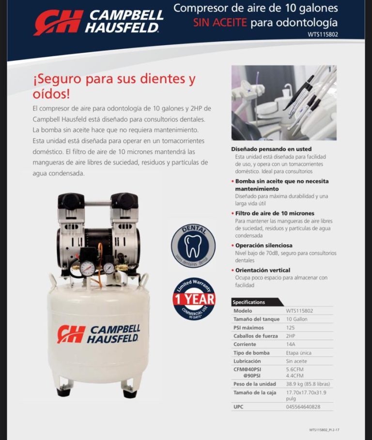 Compresor Dental de 2hp 10 Galones (120/ 60hz) 4.5cfm Campbell