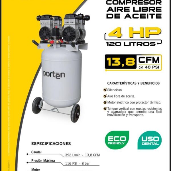 Compresor Vertical Dental Silencioso sin Aceite de 4hp Y 120 Litros Prtn
