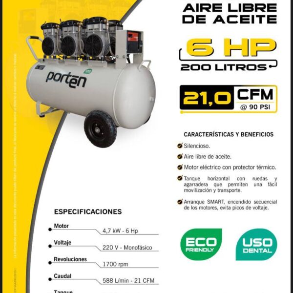 Compresor Silencioso sin Aceite de 6 Hp 21 Cfm Prtn