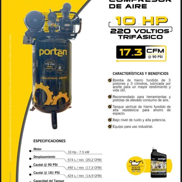 Compresor Industrial de 10hp 300lt 175psi 220v 3 Fases Prtn