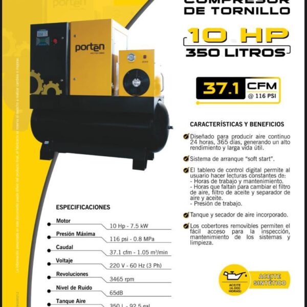 Compresor de Tornillo 3 en 1 de 10 Hp Y 350 Litros Prtn