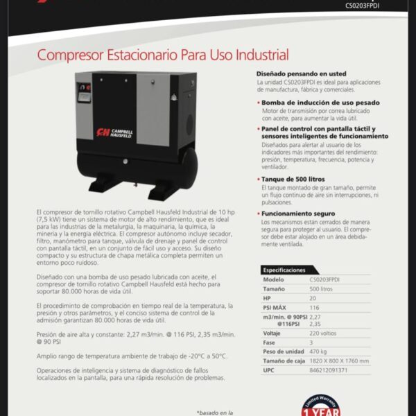 Compresor de Tornillo Campbell Hausfeld 3 en 1 De 20hp Tanque 500lt 220v Trifásico con Secador