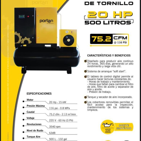 Compresor de Tornillo 3 en 1 de 20 Hp Tanque de 500 Litros Motor 220 Voltios Trifásico con Secador Prtn