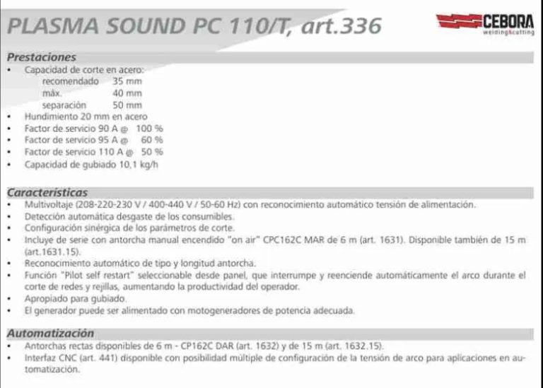 Generador de corte por Plasma Cebora Plasma Sound PC 110/T ART336