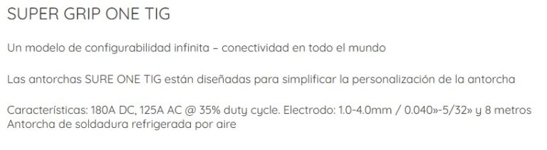 Antorcha Suregrip one Tig 180 Amperios Parker