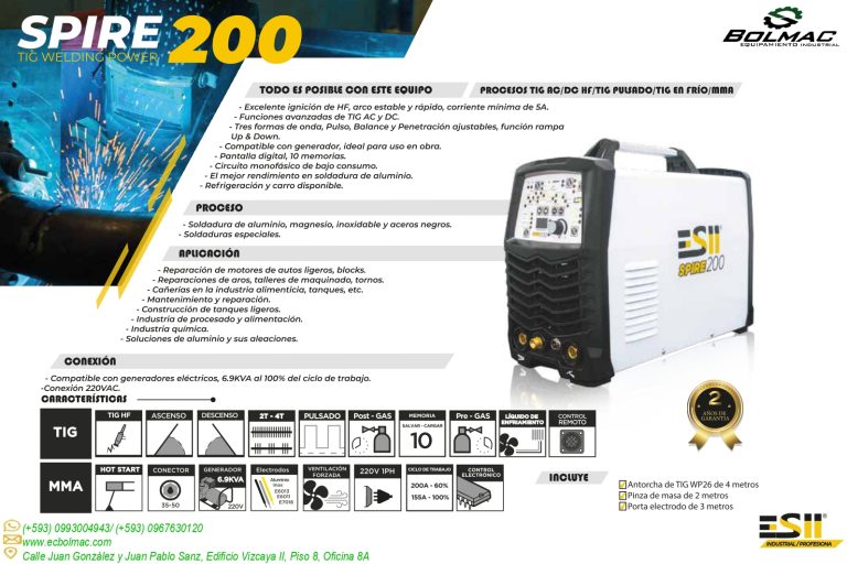SOLDADORA TIG AC/DC SPIRE 200 ESII/INDUSTRIAL /PROFESIONAL
